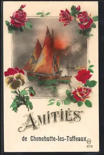 AK Chênehutte-les-Tuffeaux, Amitiés et voilier au coucher du soleil entouré de roses