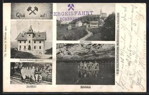 AK Dürrnberg bei Hallein, Salzbergwerk, Gruben-Anstaltsgebäude, Ausfahrt aus der Grube, Seefahrt, Ortsansicht
