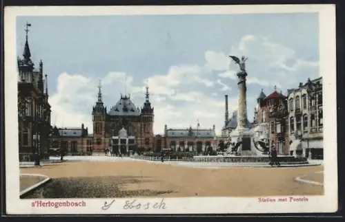 AK s`Hertogenbosch, Station met Fontein