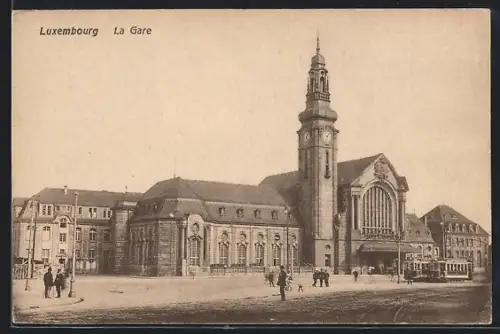 AK Luxembourg, La gare, Bahnhof mit Strassenbahn