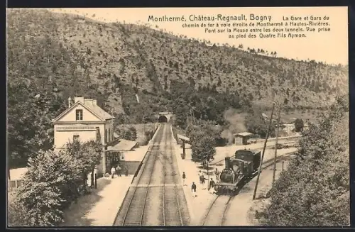 AK Monthermé, château Regnault, la gare et gare du chemin de fer