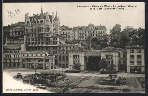 AK Lausanne, Place du Flou, La maison Mercier et la Gare Lausanne-Ouchy, Bahnhof