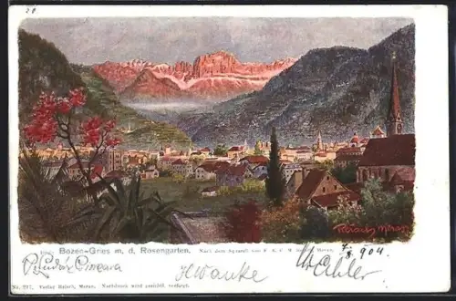 Künstler-AK F.A.C.M. Reisch: Bozen-Gries, Panorama mit Rosengarten