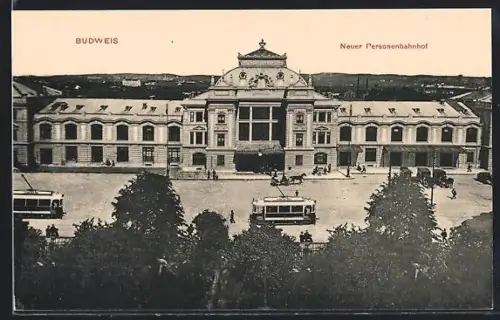 AK Budweis, Neuer Personenbahnhof mit Strassenbahn