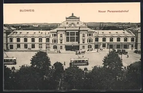 AK Budweis, Neuer Personenbahnhof mit Strassenbahn