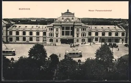 AK Budweis, Neuer Personenbahnhof mit Strassenbahn