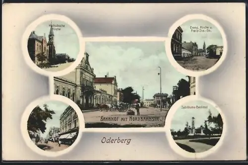 AK Oderberg, Katholische Kirche, Bahnhof mit Nordbahnstrasse, Jubiläums-Denkmal