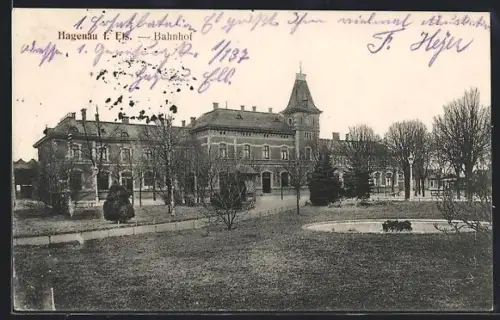 AK Hagenau i. Els., Bahnhof und Parkanlage, Panorama
