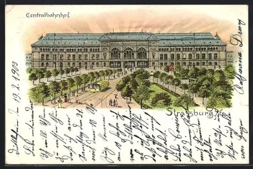 Lithographie Strassburg, Centralbahnhof mit Strassenbahn