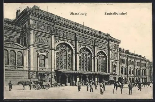 AK Strassburg, Zentralbahnhof mit Passanten, Kutsche und Reiter