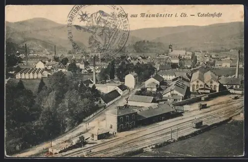 AK Masmünster i. Els., Totalansicht mit Bahnhof aus der Vogelschau