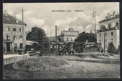 AK Mülhausen, Bahnhof mit Strassenbahn
