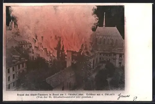 AK Basel, Brand des Stadt-Theaters in Basel 1904 drei Tage nach Eröffnung
