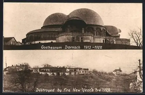 AK Dornach, Goetheanum, vor und nach dem Brande