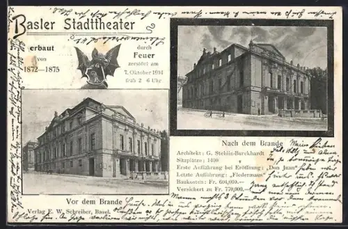 AK Basel, Basler Stadttheater vor und nach dem Brande 1904