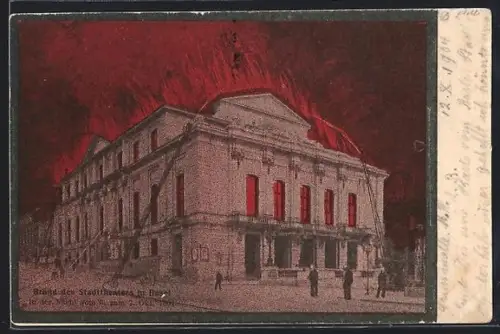AK Basel, Brand des Stadt-Theaters in Basel 1904, Feuerwehr beim Löschen
