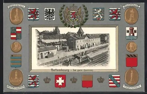 AK Bettembourg, La gare Gleisseite, Wappen und Monumente