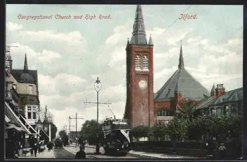AK Ilford, Congregational Church and High Road, Strassenbahn