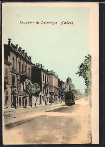 AK Salonique, Une rue avec tram, Strassenbahn
