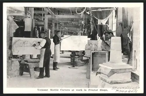 AK Proctor, VT, Vermont Marble Carvers at work in Proctor Shops
