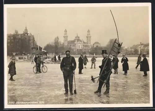 AK Zürich, Zürichseegefrörne 1929, Schornsteinfeger