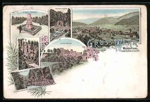 Lithographie Wehr / Baden, Kriegerdenkmal, Schloss Werrach, Wehrathal