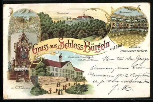 Lithographie Schliengen, Schloss Bürgeln, Fernsicht, Schlosskirche, Ahnensaal, Pension-Schloss, Um 1900