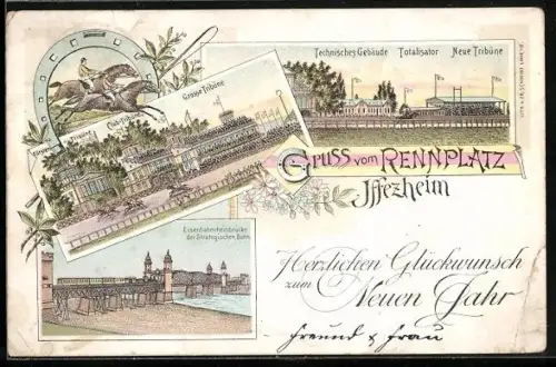 Lithographie Iffezheim, Rennplatz, Tribünen, Technisches Gebäude, Eisenbahnrheinbrücke
