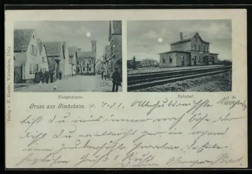 Mondschein-AK Gimbsheim, Bahnhof und Hauptstrasse