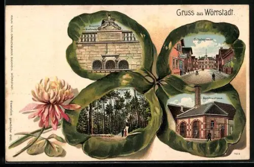 Passepartout-Lithographie Wörrstadt, Spritzenhaus, Wallgraben, Schulstrasse, Brunnen, Ansichten im Glücksklee