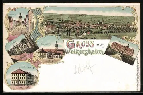 Lithographie Weikersheim, Orangerie, Gasthof zur Krone, Schlossplatz