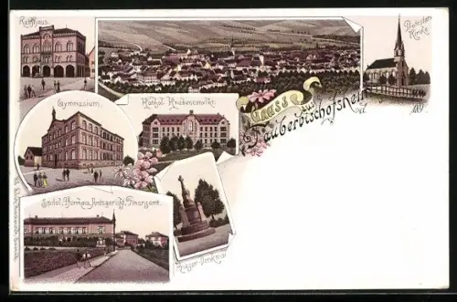 Lithographie Tauberbischofsheim, Gymnasium, Spital, Protest. Kirche, Kathol. Knabenconvikt