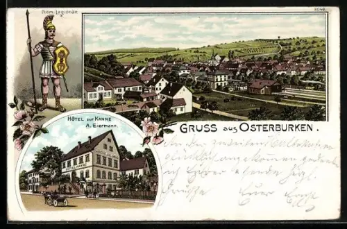 Lithographie Osterburken, Hotel zur Kanne A. Eiermann, Röm. Legionär, Gesamtansicht