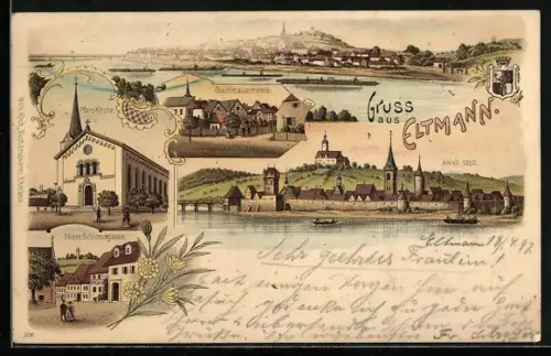 Lithographie Eltmann, Pfarr-Kirche, Obere Schottengasse, Stadtmauerreste