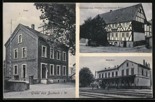 AK Burbach i. W., Gasthaus zum Schwan, Blick auf Bahnhof und Post