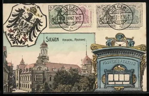 AK Siegen, Kaiserliches Postamt, Passepartout mit Briefkasten und Wappen