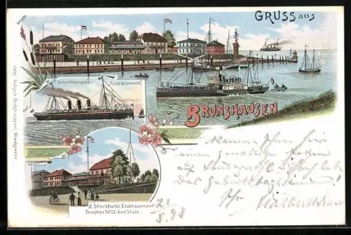 Lithographie Brunshausen, Totalansicht, Schnelldampfer Fürst Bismarck, Stockfleht's Gasthaus