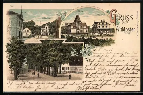 Lithographie Altkloster, Strassenpartie Eichholz mit Gasthof zur Deutschen Eiche, Hauptstrasse mit Gasthaus Waldschloss