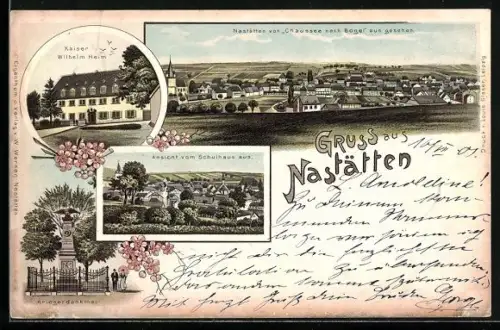 Lithographie Nastätten, Kaiser Wilhelm Heim, Kriegerdenkmal, Ortsansicht