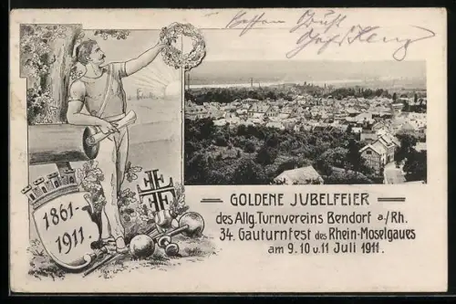 AK Bendorf a. Rh., Goldene Jubelfeier des Allg. Turnvereins 1911, Turner mit Eichenkranz, Totalansicht
