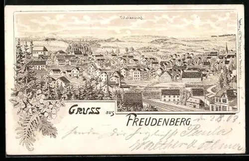 Lithographie Freudenberg / Siegen, Ortsansicht aus der Vogelschau mit Bahnhof
