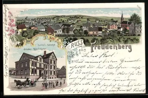 Lithographie Freudenberg / Siegen, Gasthof zum Bahnhof, Inh. Robert Siebel, Totalansicht