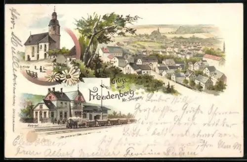 Lithographie Freudenberg /Siegen, Bahnhof, Ev. Kirche und Totalansicht
