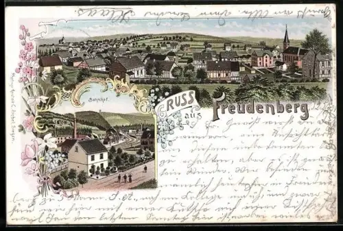 Lithographie Freudenberg / Siegen, Bahnhof und Totalansicht