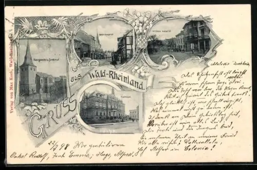 AK Wald-Rheinland, Rathaus, Obere Kaiserstrasse, Evangelische Kirche und Denkmal