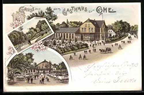 Lithographie Garstedt / Holstein, Gasthaus ZUr Ohe, Ansicht dert Terrasse mit Garten