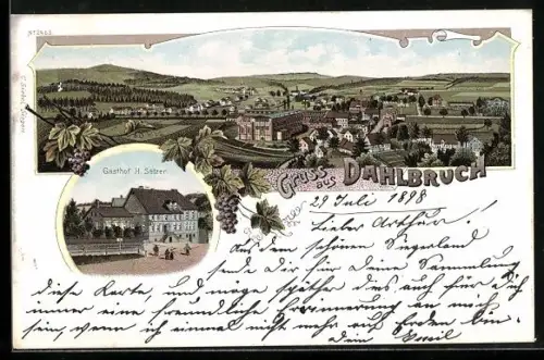 Lithographie Dahlbruch, Gasthof H. Setzer mit Totalansicht