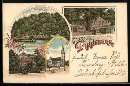 Lithographie Pinneberg, Gasthof zur Eiche, Bes. F. Strupp, Bahnhofs-Hotel