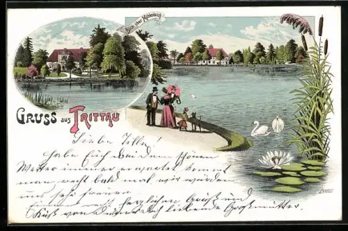 Lithographie Trittau, Blick über Mühlenteich, Ortsansicht