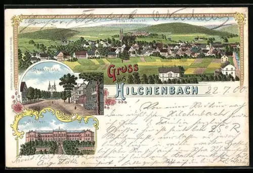 Lithographie Hilchenbach, Marktplatz, Seminar und Totalansicht